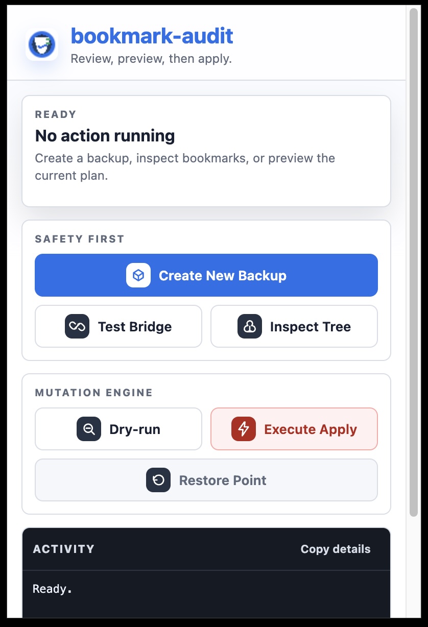 Bookmark Audit Bridge Chrome extension popup