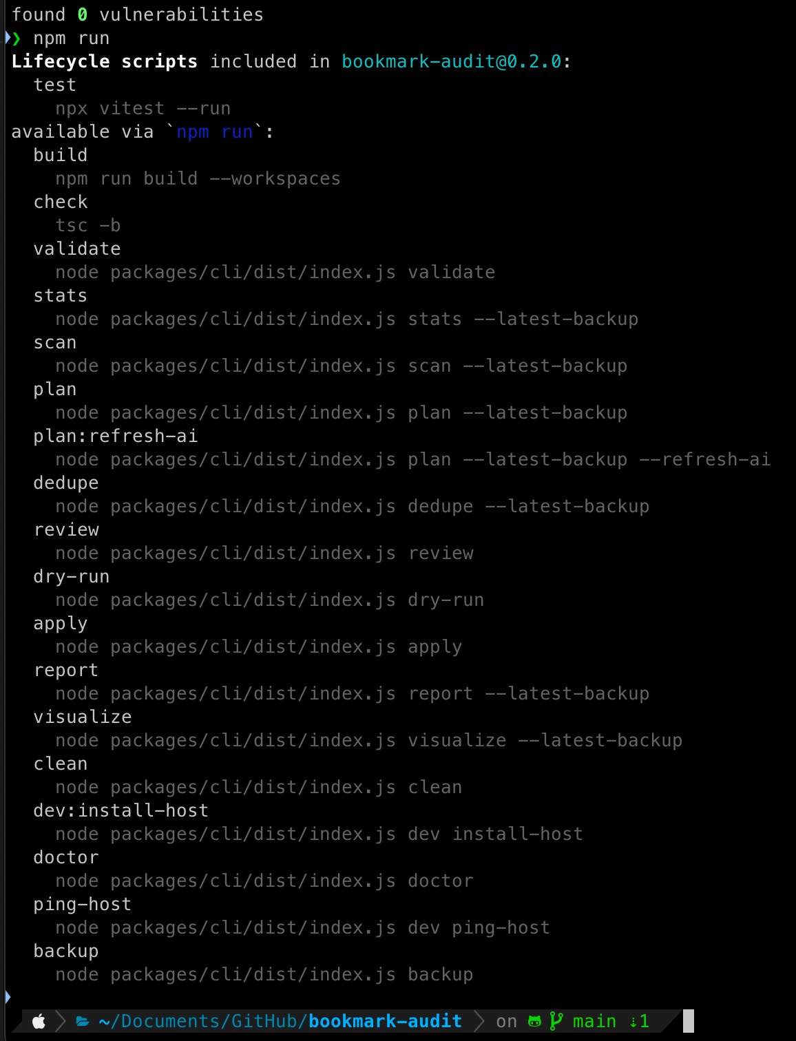 Bookmark Audit CLI command output