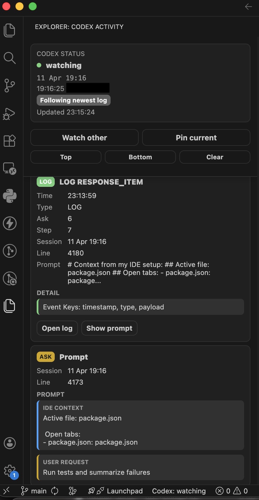 Expanded Codex Activity details with split IDE context and user request blocks