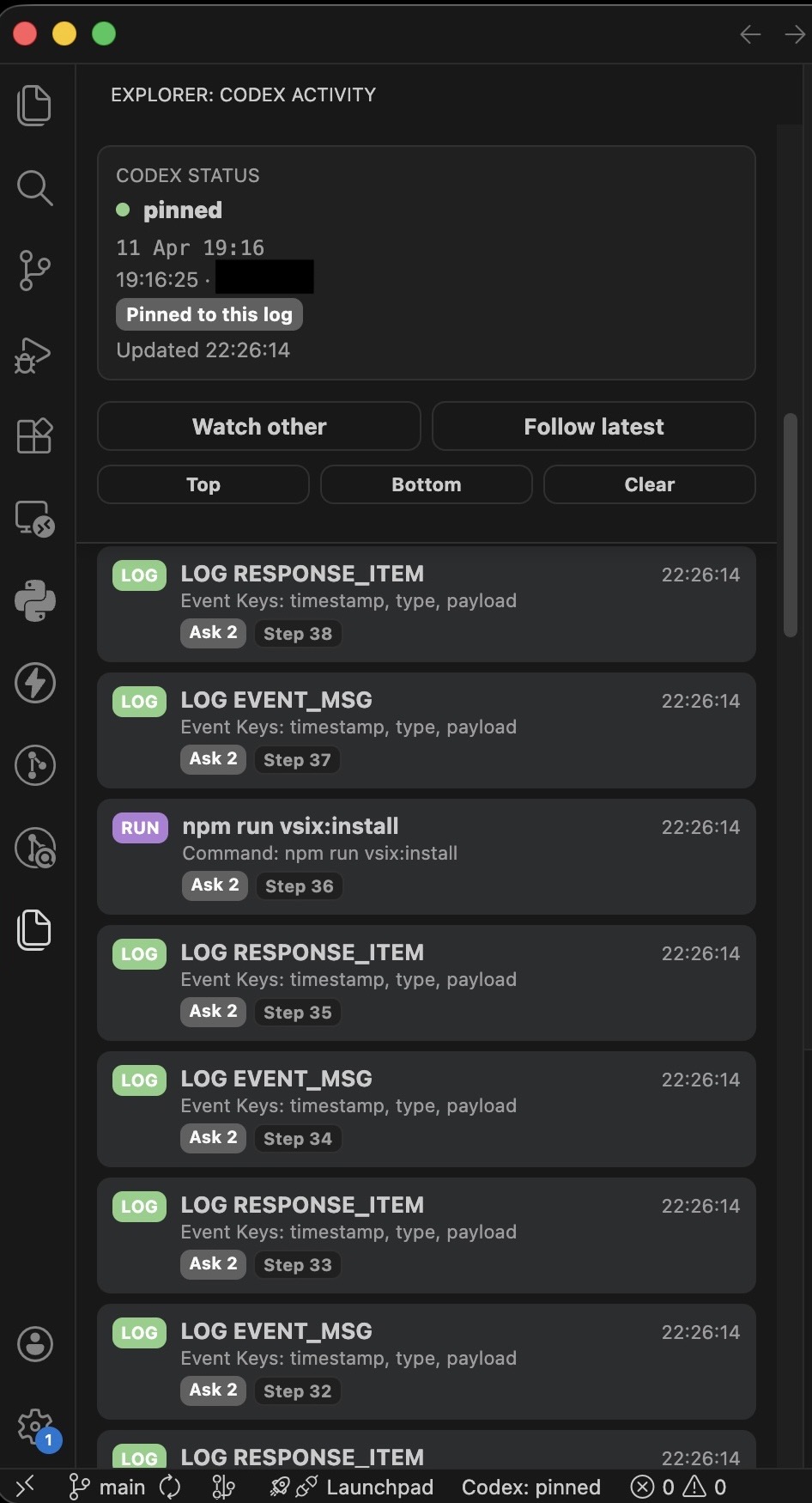 Codex Activity view showing pinned status and recent sanitized activity
